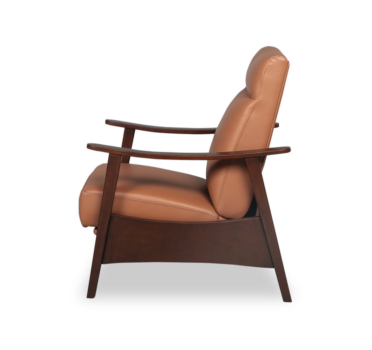 Aydin 27.5\" Camel Orange Genuine Leather Pushback Reclining Accent Chair with Wood Armrests and Legs