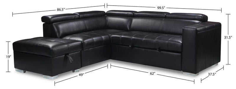 Drake 3-Piece Left-Facing Leather-Look Fabric Sleeper Sectional with Storage Ottoman - Black 