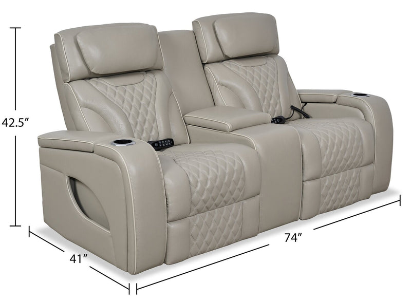 Elite 74\" Genuine Leather Massage Power Reclining Loveseat with Power Headrests and Storage Arms - Putty 
