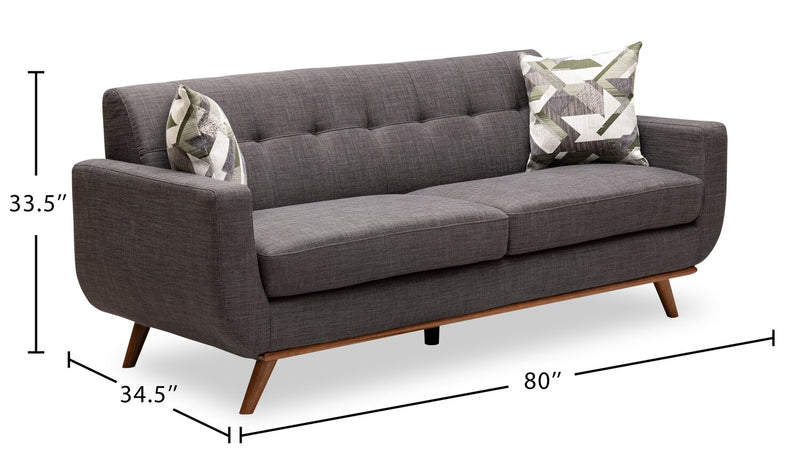 Kort & Co. Freeman 80” Charcoal Grey Linen-Look Fabric Condo Size Sofa with Wood Base and Legs