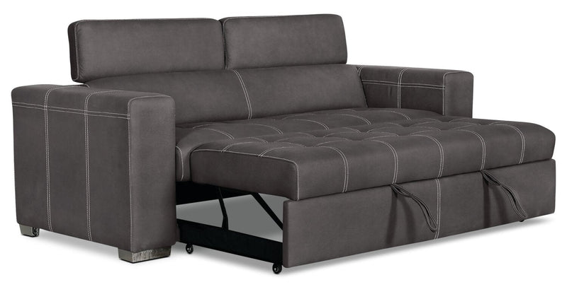 Drake 87\" Faux Suede Fabric Sleeper Sofa with Pull Out Sleeper, Flip-Up Headrests and Button Tufting - Grey 