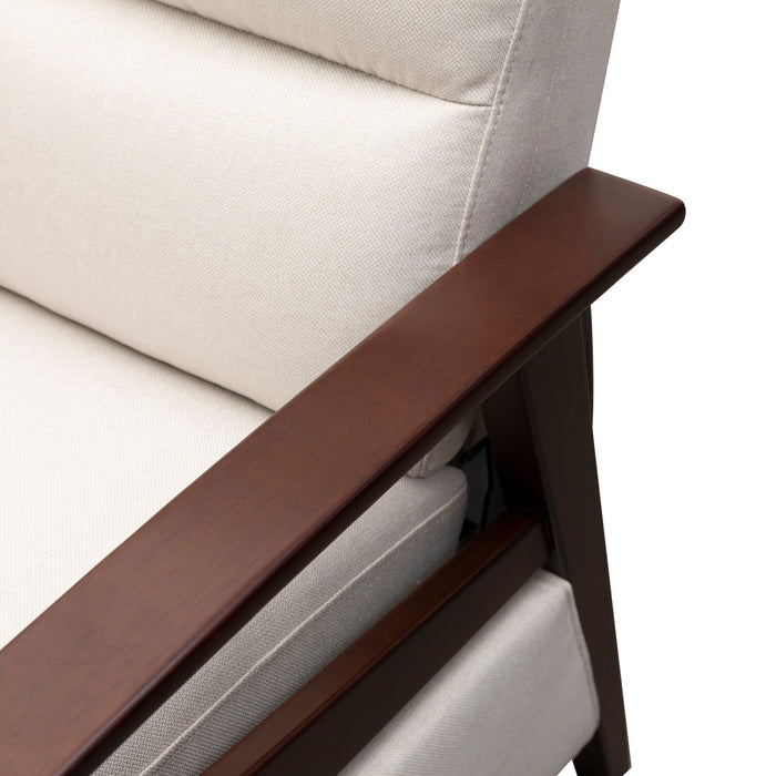 Bree 28.5\" Beige Linen-Look Fabric Pushback Reclining Accent Chair with Wood Armrests and Legs