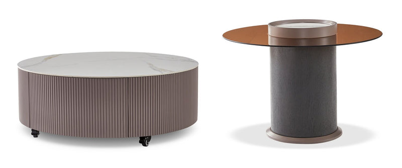 Circa 31.5\" Modern Round Coffee Table with White Sintered Stone Top, Storage and Casters - Grey-Taupe