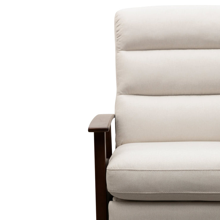 Bree 28.5\" Beige Linen-Look Fabric Pushback Reclining Accent Chair with Wood Armrests and Legs