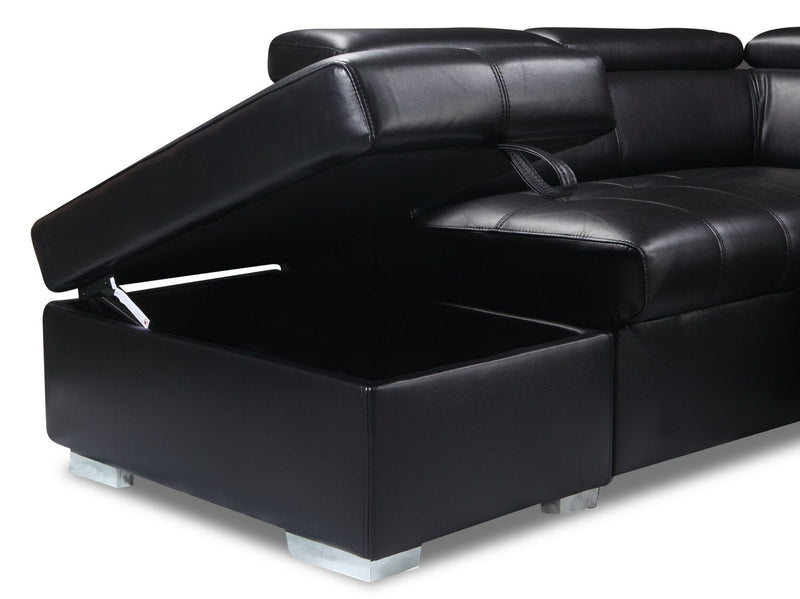 Drake 3-Piece Left-Facing Leather-Look Fabric Sleeper Sectional with Storage Ottoman - Black 