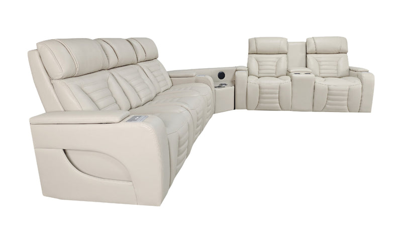 Zen 3-Piece Apricot Faux Leather Power Reclining Massage Sectional with Refrigerator and Drop-Down Console