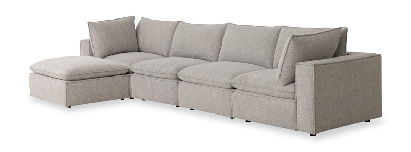 Fusion Modular 5-Piece Silver Grey Chenille Fabric Sectional with Feather Down Cushions and Ottoman