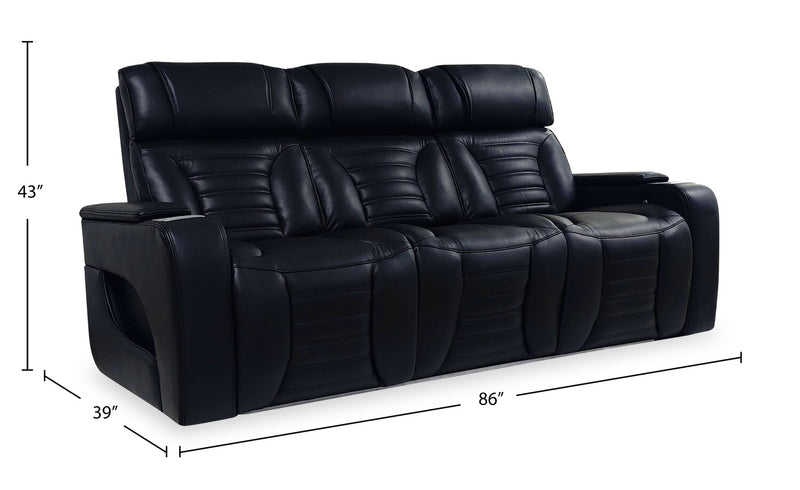Zen 86\" Black Faux Leather Power Reclining Massage Sofa with Power Headrests and Drop-Down Console