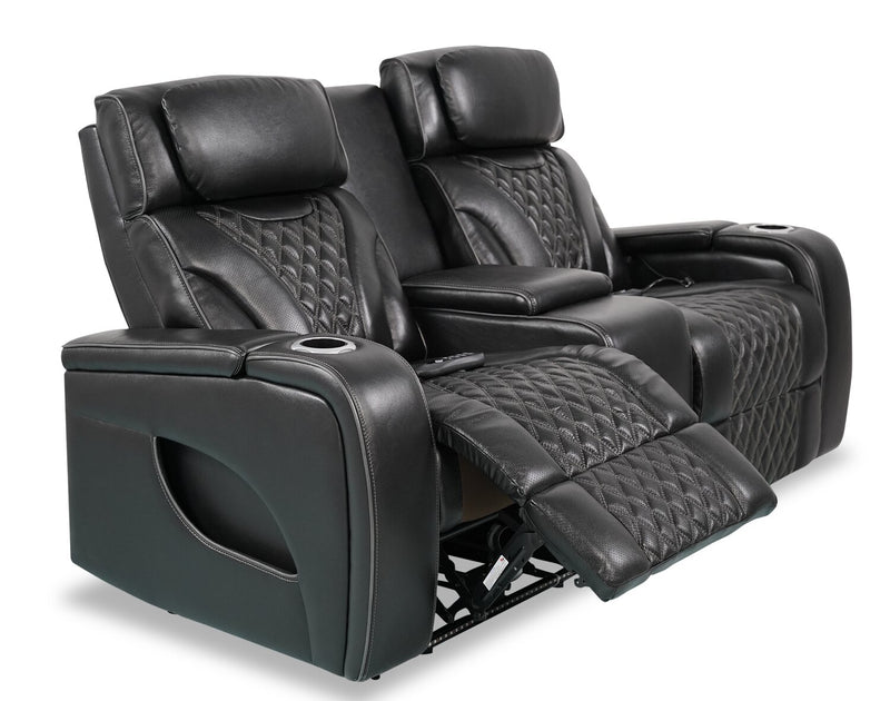 Elite Genuine Leather Power Reclining Loveseat with Massage Function - Black 