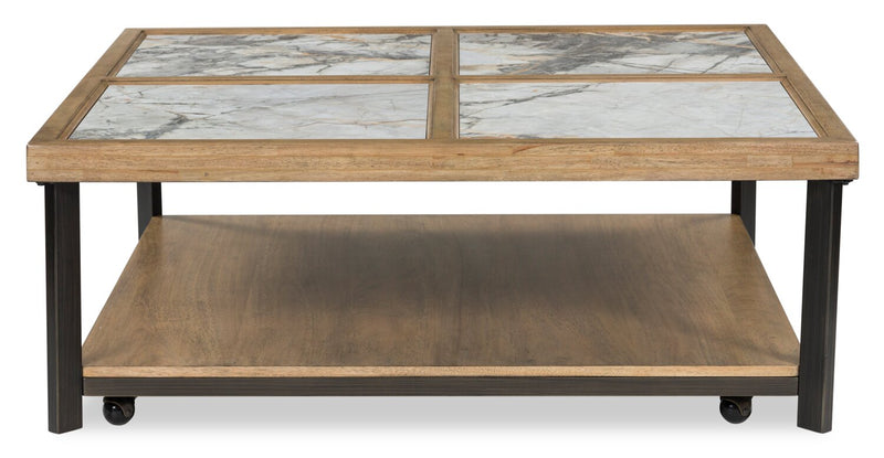 Marina 48” Contemporary Coffee Table with Stone Tiles, Shelf and Casters - Natural