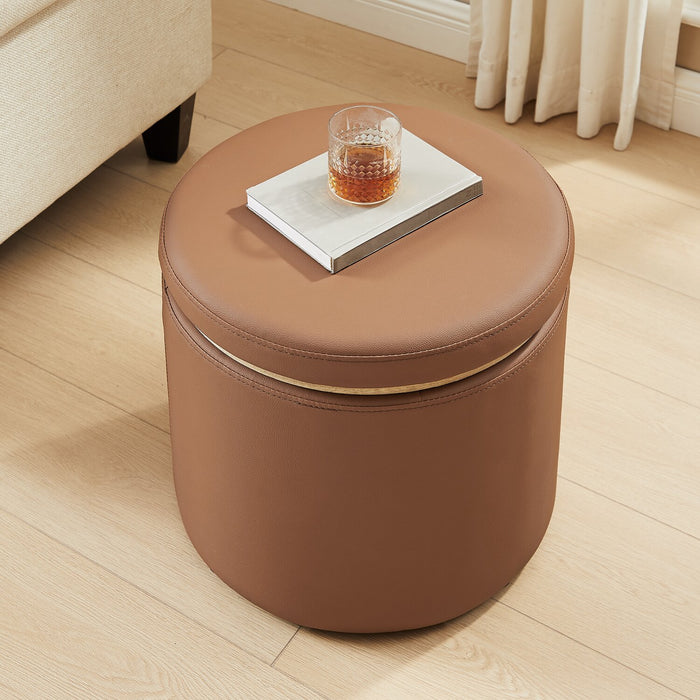 Manitoba Round Faux Leather Storage Ottoman - Brown