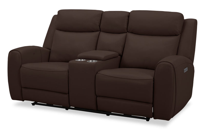 Reign 78\" Silverado Chocolate Brown Top-Grain Genuine Leather Power Reclining Loveseat with Console 
