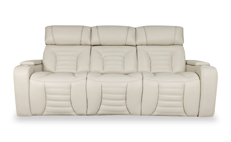 Zen 86\" Apricot Faux Leather Power Reclining Massage Sofa with Power Headrests and Drop-Down Console