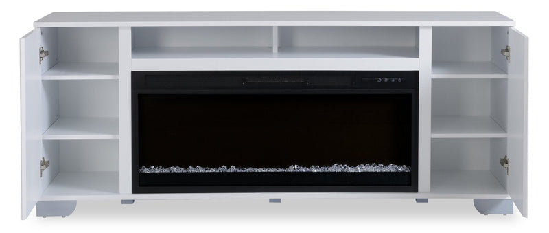Robin 70\" Modern Electric Fireplace TV Stand with Storage and Cable Management for TVs up to 80\"- White