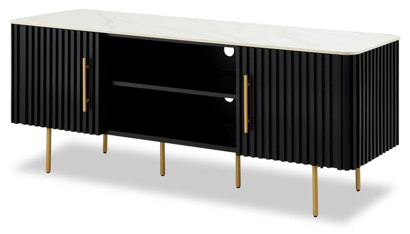 Capri 60” Modern TV Stand with White Sintered Stone Top, Storage and Cable Management for TVs