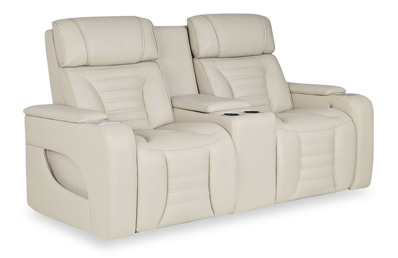 Zen 75.5\" Apricot Faux Leather Power Reclining Massage Loveseat with Refrigerator Console