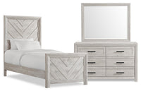 Lark 5pc Bedroom Set with Panel Bed, Dresser & Mirror, Rustic White  - Twin Size 