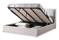Nico Upholstered Storage Platform Bed in Vegan Leather Taupe Fabric, Hyrdraulic Lift  - Queen Size 
