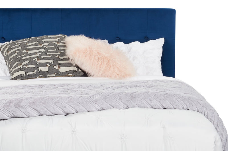 Gabi Upholstered Bed in Blue Velvet Fabric with Gold Finish Legs, Button Tufted - King Size 