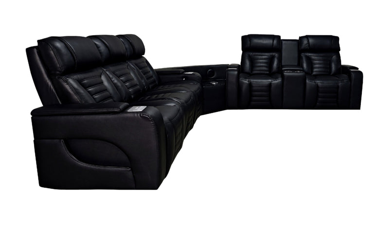 Zen 3-Piece Black Faux Leather Power Reclining Massage Sectional with Refrigerator and Drop-Down Console