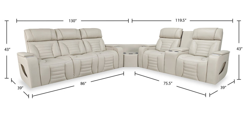 Zen 3-Piece Apricot Faux Leather Power Reclining Massage Sectional with Refrigerator and Drop-Down Console