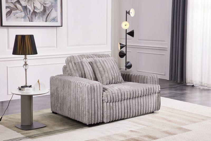Stratus 59” Fog Grey Chenille Fabric Chair with Power Sliding Chaise and Two Accent Pillows