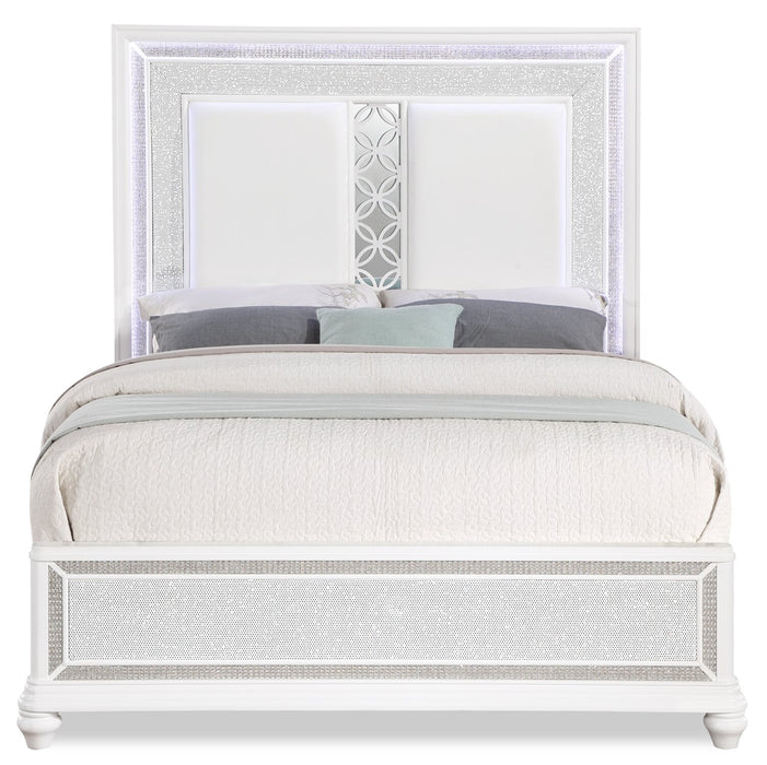 Ava Panel Bed with Headboard & Frame, LED, Glam, White - Queen Size 