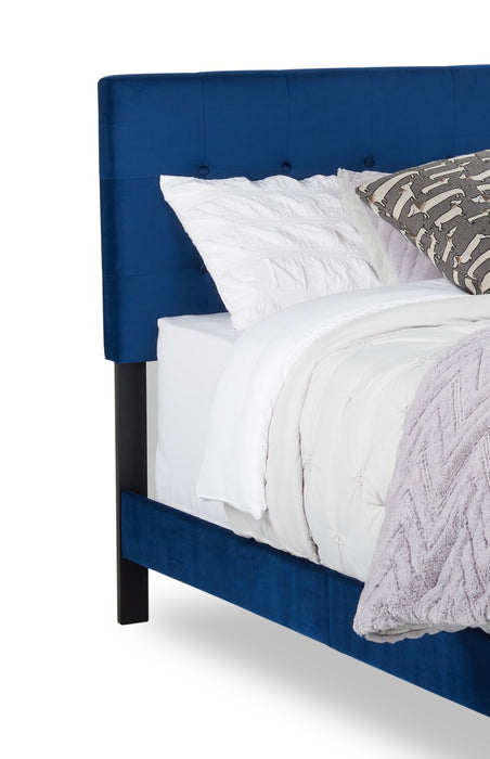 Gabi Upholstered Bed in Blue Velvet Fabric with Gold Finish Legs, Button Tufted - Queen Size 