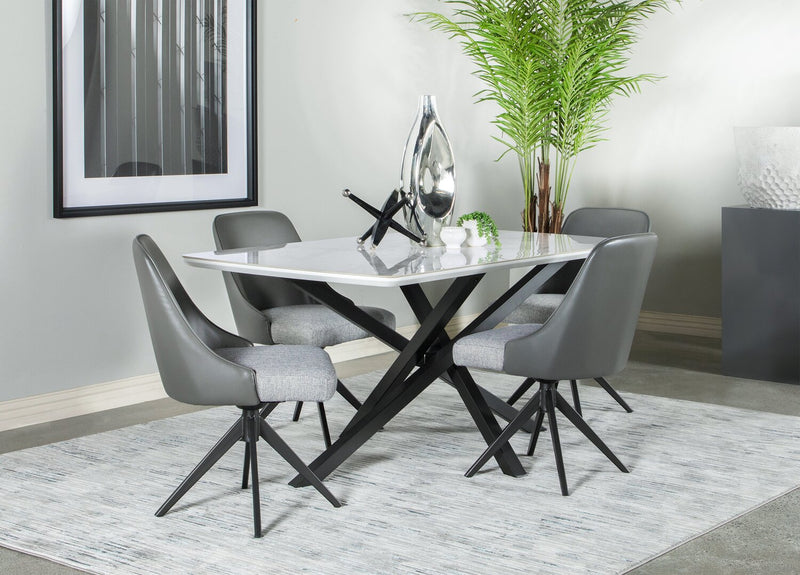 Bari 5pc Dining Set with Table & 4 Grey Swivel Chairs, Marble-Look Ceramic Top, Metal, 63\"W 