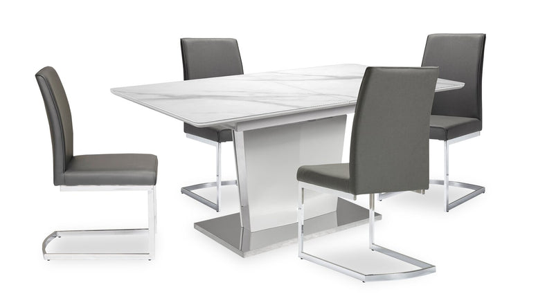 Naya Dining Table, 63-78.75\"W Self-Storing Butterfly Leaf, Metal, Glass, Faux Marble – White
