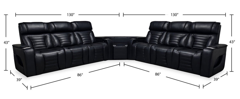 Zen 3-Piece Black Faux Leather Power Reclining Massage Sectional with Two Drop-Down Consoles