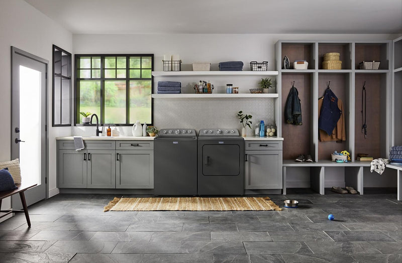 Maytag 5.5 Cu Ft. Top Load Impeller Washer with Pet Pro Option and 7.0 Cu Ft. Gas Dryer – Volcano Black