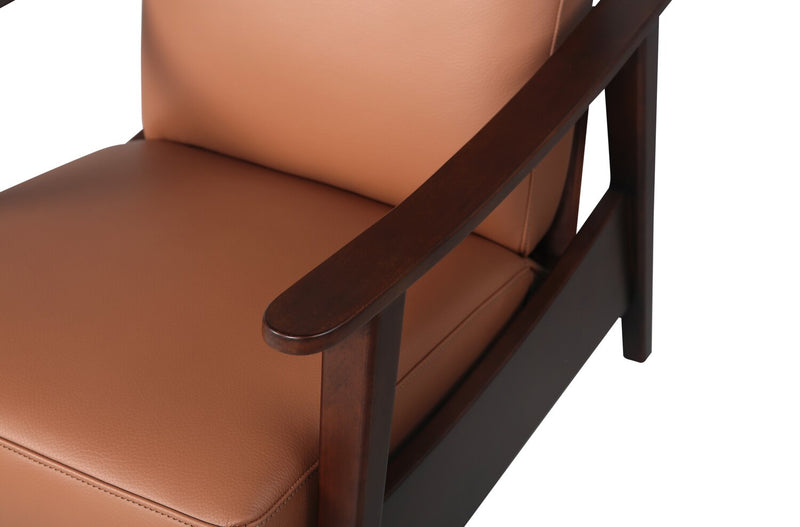 Aydin 27.5\" Camel Orange Genuine Leather Pushback Reclining Accent Chair with Wood Armrests and Legs