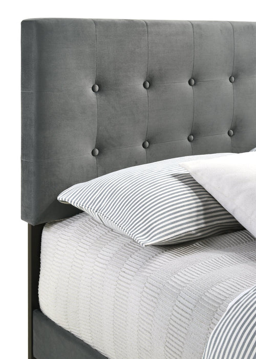 Gabi Upholstered Bed in Charcoal Velvet Fabric with Gold Finish Legs, Button Tufted - King Size 