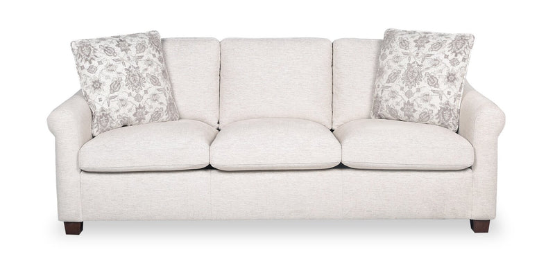 Mallie 84\" Shell White Chenille Fabric Sofa with Rolled Arms and Wood Legs