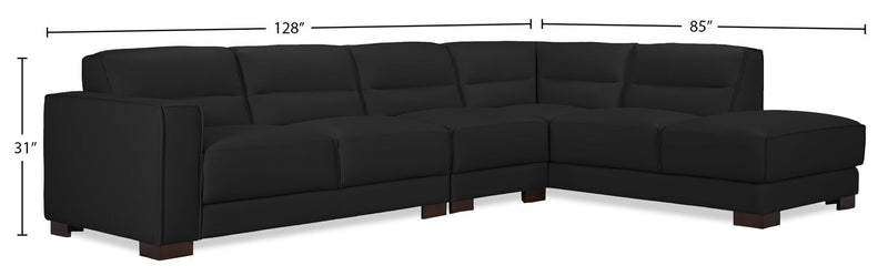 Citadel 3-Piece Right-Facing Top-Grain Genuine Leather Sectional with Wood Legs - Black 