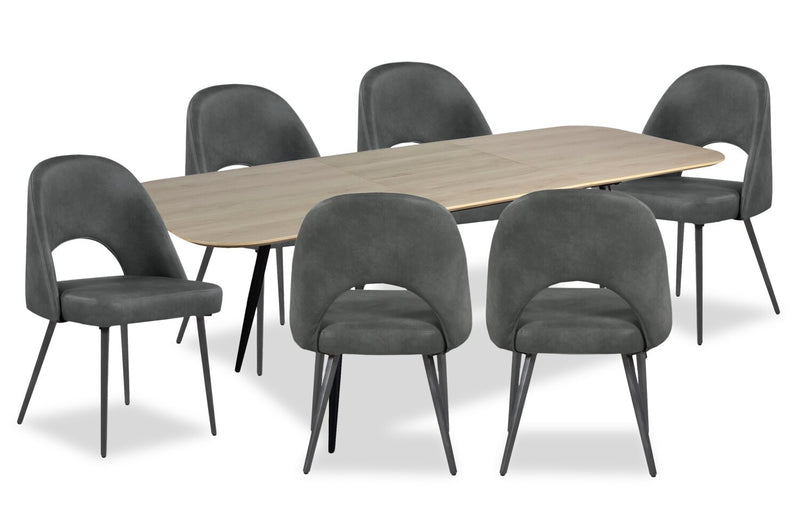 Joss 7pc Dining Set with Table & 6 Bay Chairs, 63-86.5\"W Butterfly Extension, Metal – Charcoal