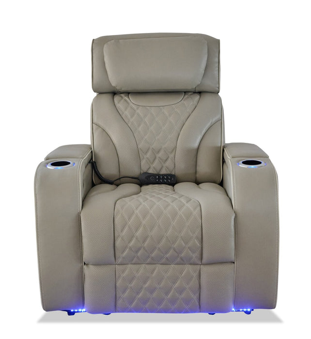 Elite 38\" Genuine Leather Massage Power Reclining Chair with Power Headrest and Storage Armrests - Putty 