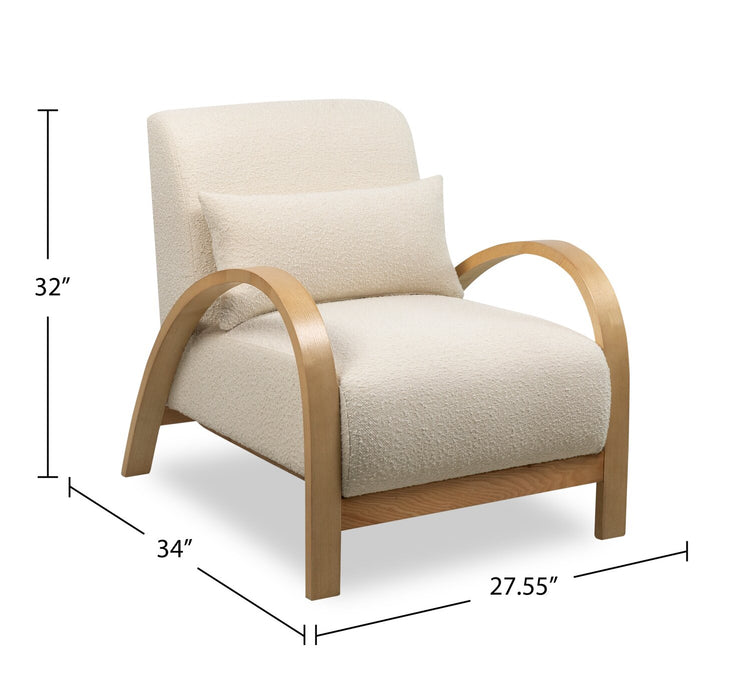 Loft 27.55\" White Boucle Fabric Accent Chair with Accent Pillow and Wood Armrests and Legs