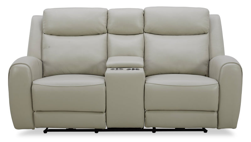 Reign 78\" Deltona Moonshine Taupe Top-Grain Genuine Leather Power Reclining Loveseat with Console 