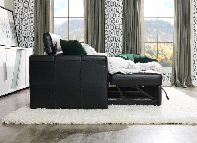 Drake 87\" Leather-Look Fabric Sleeper Sofa with Pull Out Sleeper, Flip-Up Headrests and Button Tufting - Black 