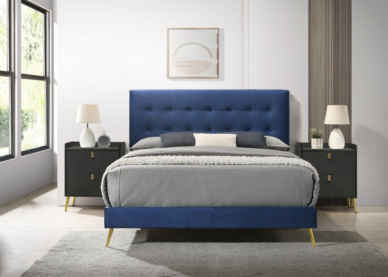 Gabi Upholstered Bed in Blue Velvet Fabric with Gold Finish Legs, Button Tufted - Queen Size 