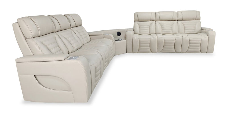 Zen 3-Piece Apricot Faux Leather Power Reclining Massage Sectional with Two Drop-Down Consoles