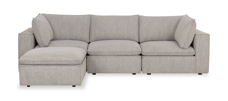 Fusion Modular 4-Piece Silver Grey Chenille Fabric Sectional with Feather Down Cushions and Ottoman