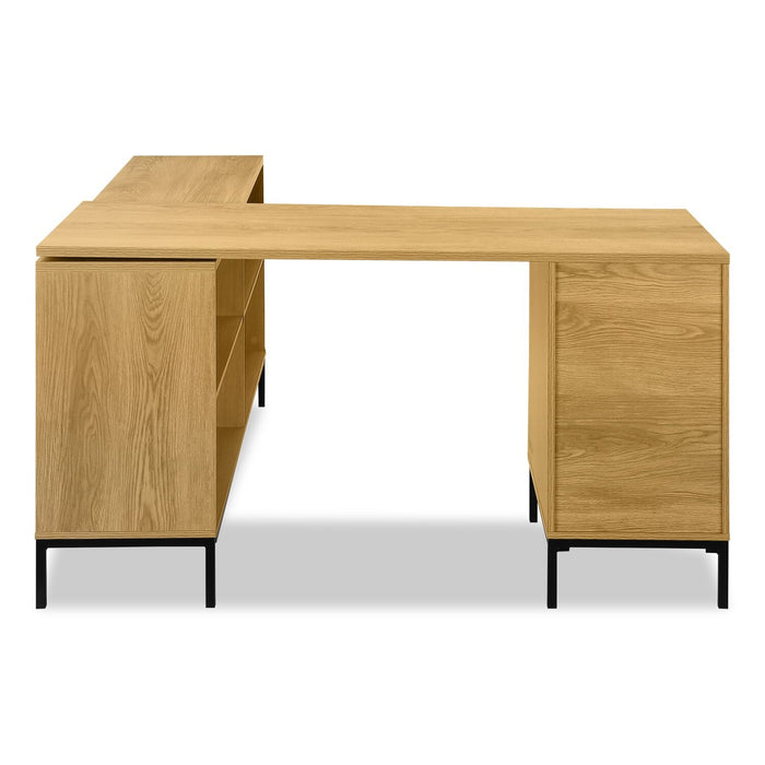 Sean 60\" L-Shaped Office Desk with 3-Drawers & 4 Cubbies - Oak