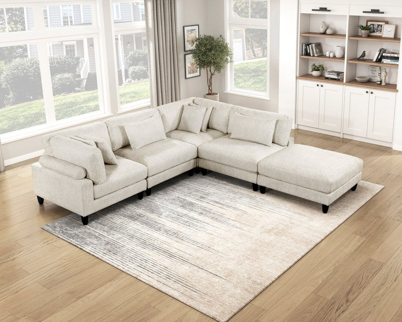 Lounge 5-Piece Chenille Modular Sectional with Ottoman – Beige 