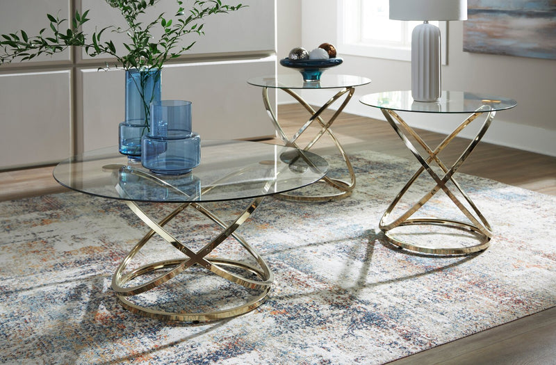 Joyce 38\" Glam Round 3-Pack Coffee + 2 End Tables - Gold Metal Base with Glass Top
