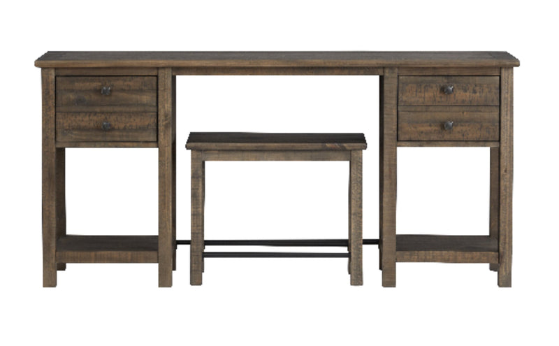 Edwin 64” Country Pine Sofa Table with Storage and Stool - Homestead Brown