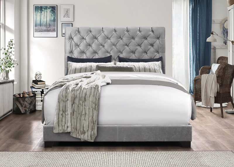Candace Upholstered Bed in Velvet Grey Fabric, Button Tufted - King Size