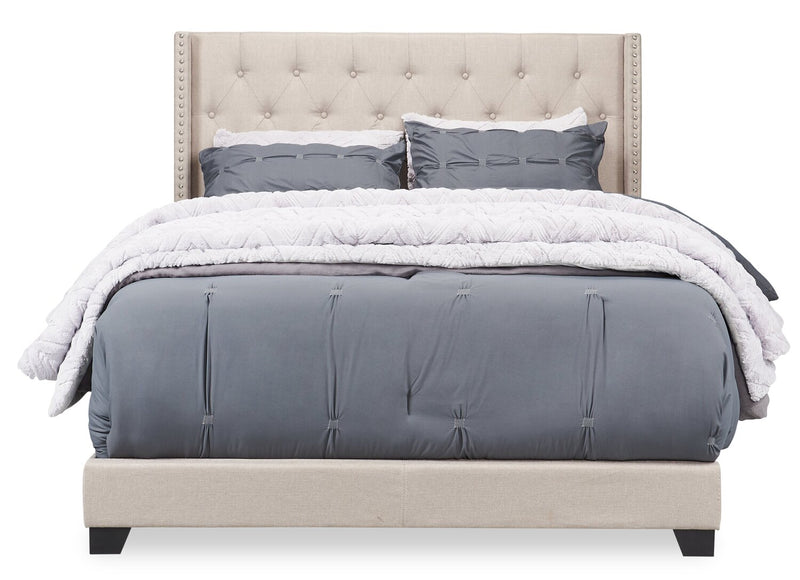 Brady Upholstered Wingback Bed in Light Grey Fabric with Nailhead Design, Button Tufted - Full Size